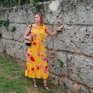 Old Navy Yellow Floral Midi Dress with Tie Waist
